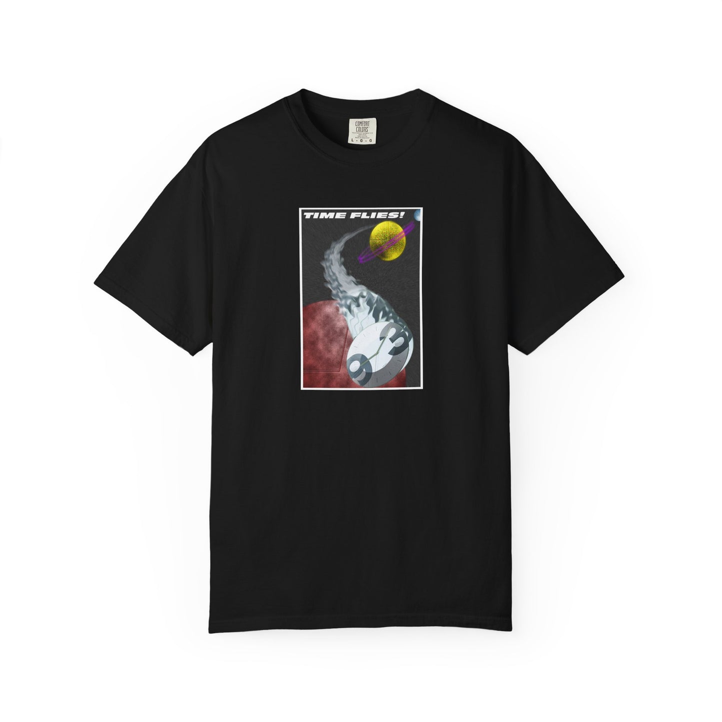 Time Flies - Cosmic Mindset T-Shirt - Unisex Garment-Dyed Tee, Retro Space Graphic Tee, Gift for Sci-Fi Lovers, Casual Wear, Unique T-Shirt - black