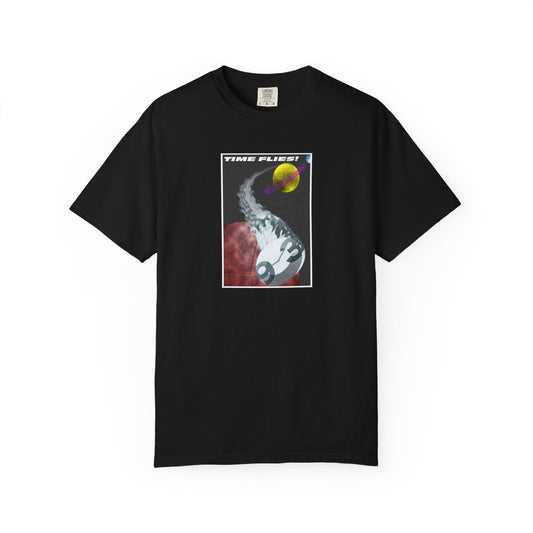 Time Flies - Cosmic Mindset T-Shirt - Unisex Garment-Dyed Tee, Retro Space Graphic Tee, Gift for Sci-Fi Lovers, Casual Wear, Unique T-Shirt - black